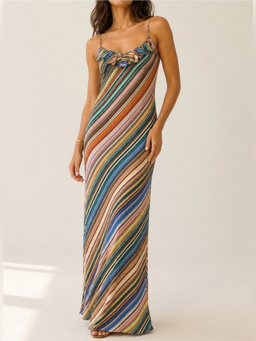 Vitamin A Vibrant, Multi-Colored Striped Semi-Sheer Maxi Dress